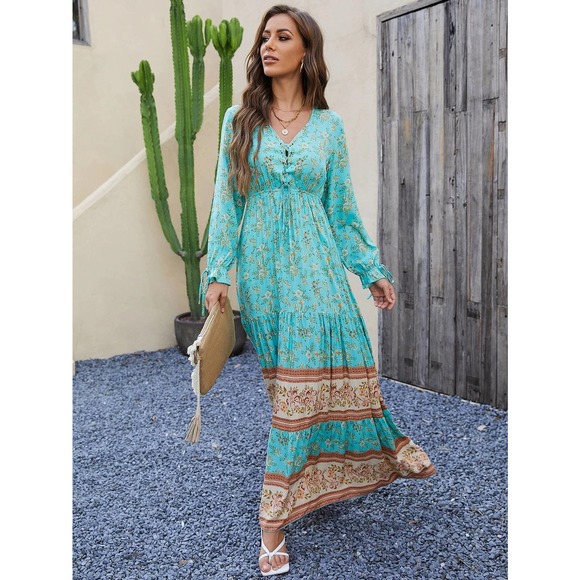 Floral print Lace Up long sleeve Ruffle maxi Dress blue green - Picture 5 of 6